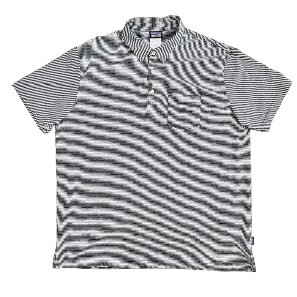 Patagonia (Men's XL) White Striped Squeaky Clean Polo Shirt Organic Cotton Golf